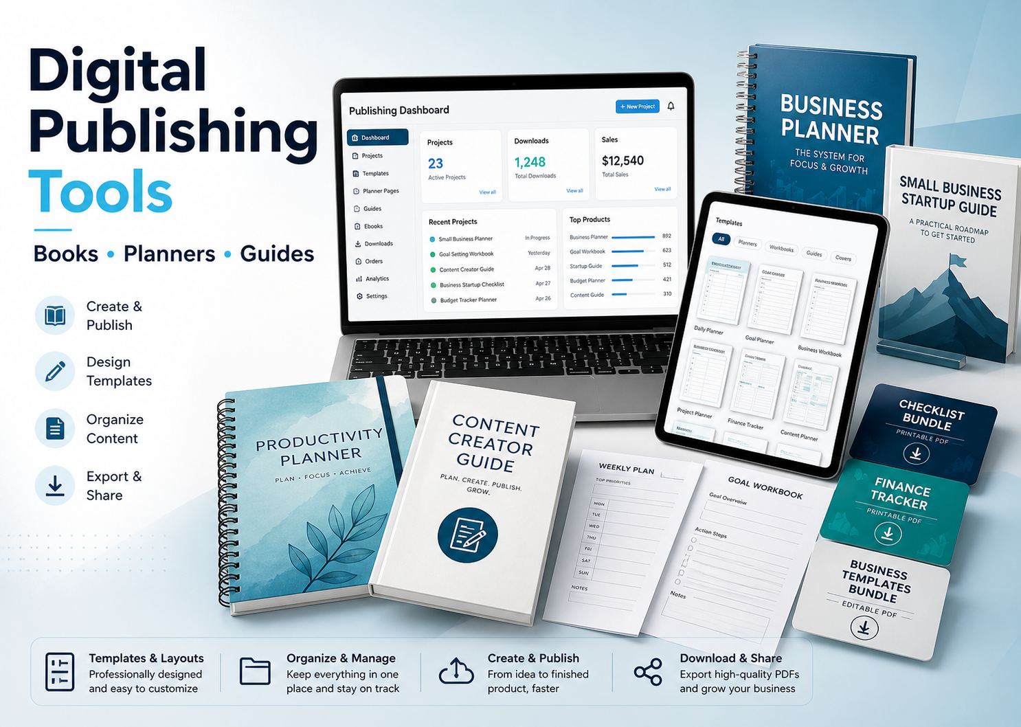 Digital publishing tools catalog with books, planners, guides, and downloads