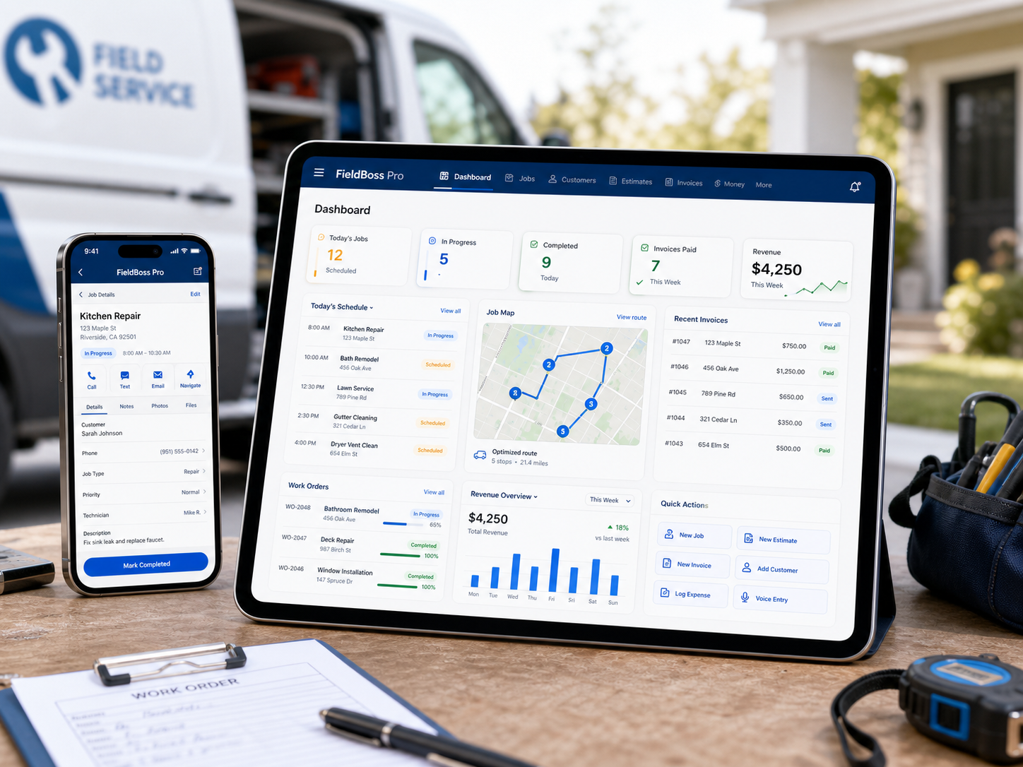 FieldBoss Pro overview dashboard on tablet and phone