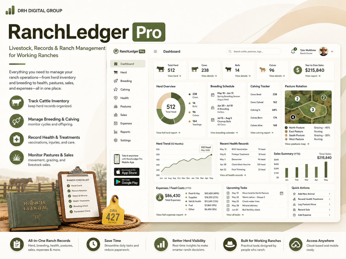 Ranch Ledger Pro dashboard showing livestock, tasks, and ranch records